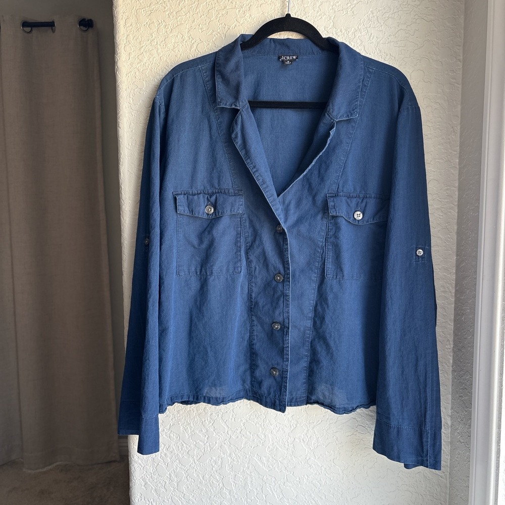 J.Crew Women 16 Indigo Cotton Button Down Shirt Blue Roll Tab Utility Pocket